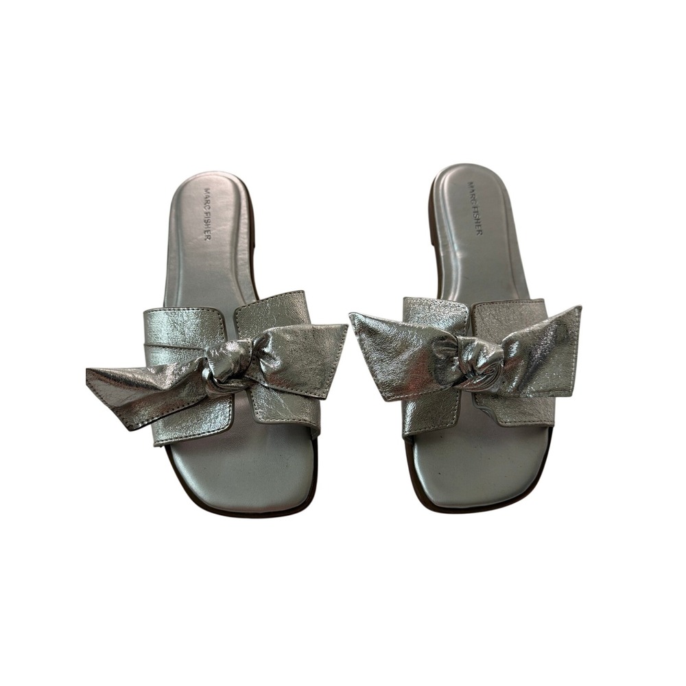 Marc Fisher Womens Silver Metallic Bow Slide Sandals Square Toe Flats Size 9M